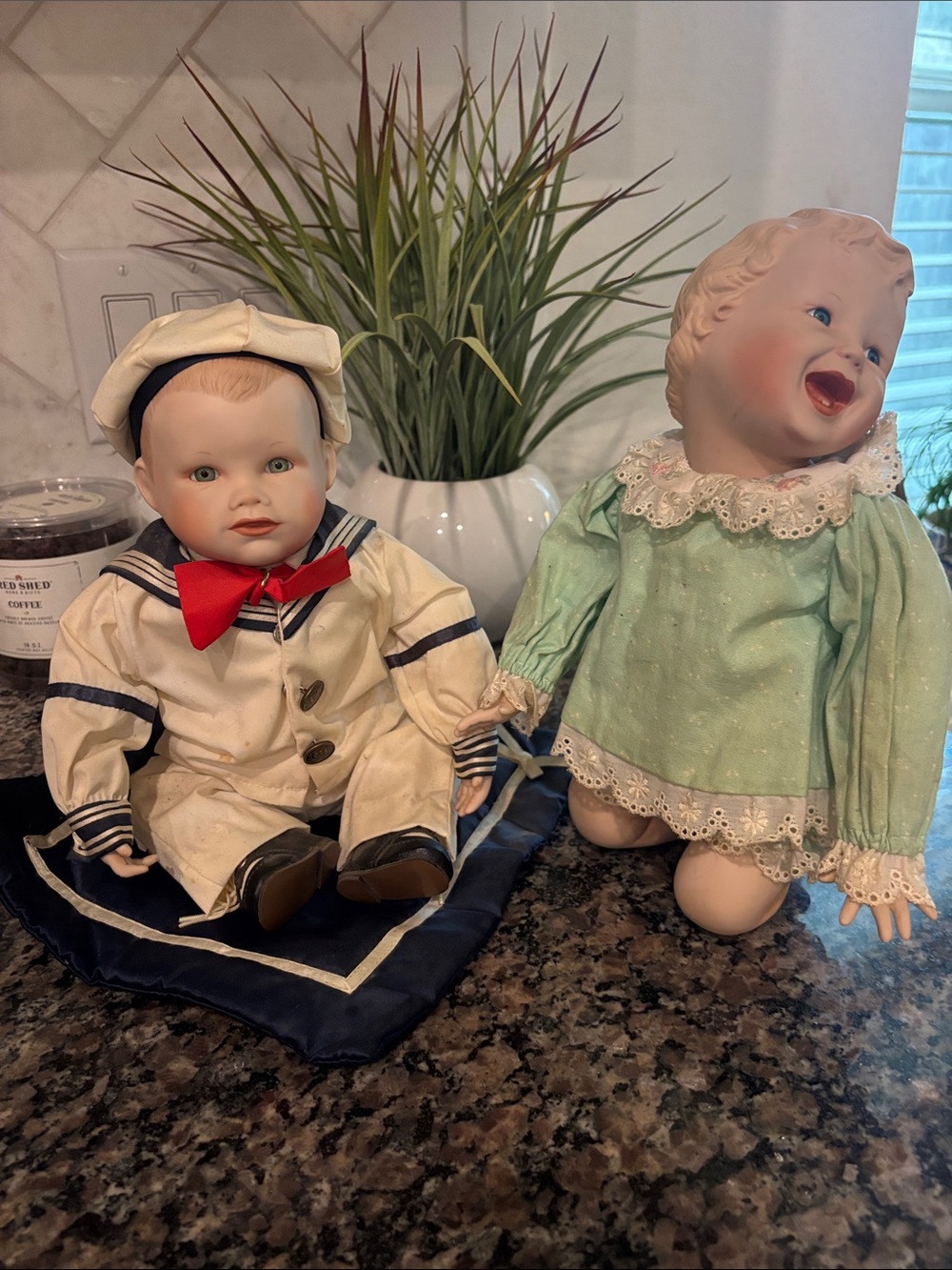 Vintage Porcelain Sailor and Baby Doll Set - Cream, Navy & Mint